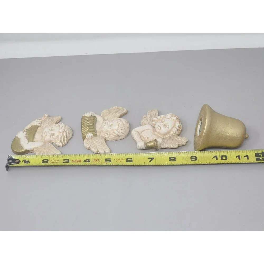 Set Of‎ 3 Angel Figurines With Golden Bell Holder Wall Decor